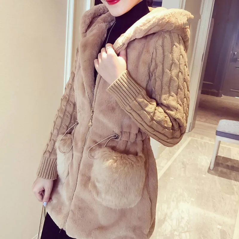 

2019 autumn winter new classic fashion knitted rabbit fur jackets patch faux fur thickening hooded jacket female outerwear