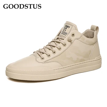 

GOODSTUS Men Pu Casual Shoes Breathable Middle Top Thick Sole Comfortable Lace-Up Ins Style New Fashion Male Walking Shoes