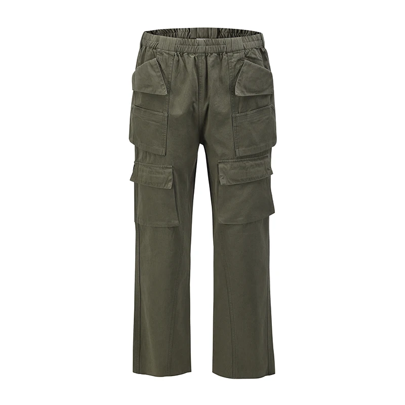 Harajuku Multi-pockets Straight Flare Pants Mens High Street Elastic Waist Solid Loose Casual Cargo Pants Hip Hop Baggy Trousers