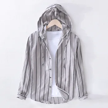 

2020 Men Coarse Cloth Flax Hooded Casual Shirt Teenager Breathable Fashion Thin Long Sleeve Vertical Striped Shirt