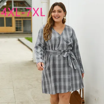 

2020 new spring autumn plus size dress for women large casual loose long sleeves plaid V neck dresses belt gray 4XL 5XL 6XL 7XL