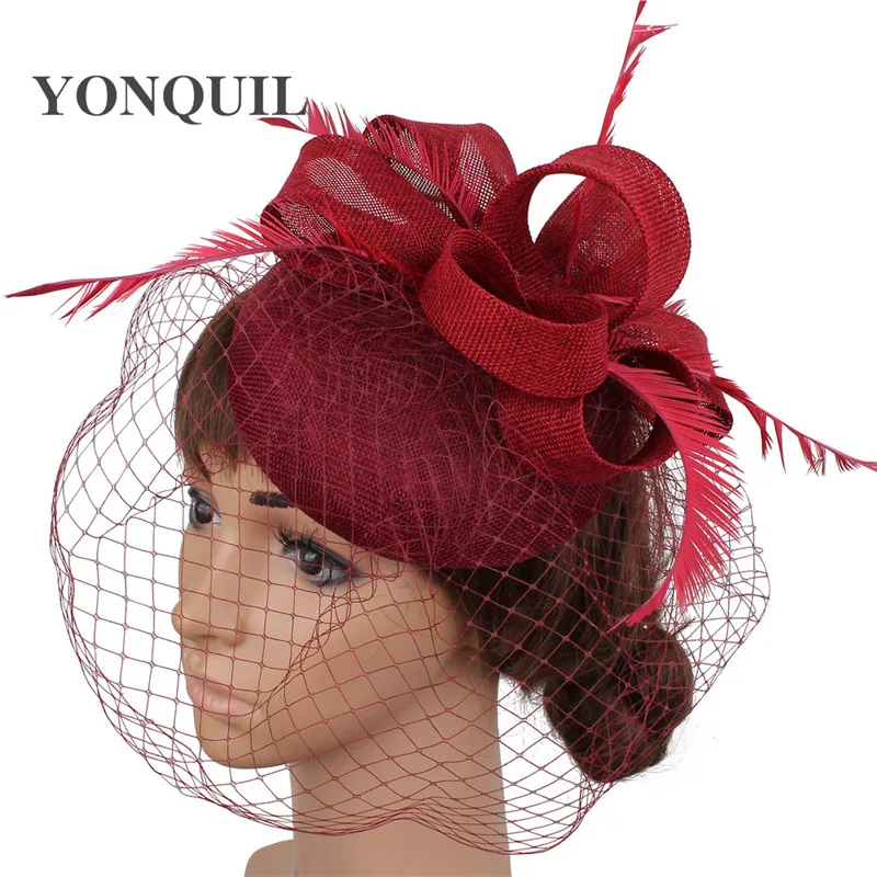 Ярко-розовая вуалетная шляпа с вуалью имитация Sinamay millinery заколка для волос перо Свадебная вечеринка гонки события головные уборы Новое поступление