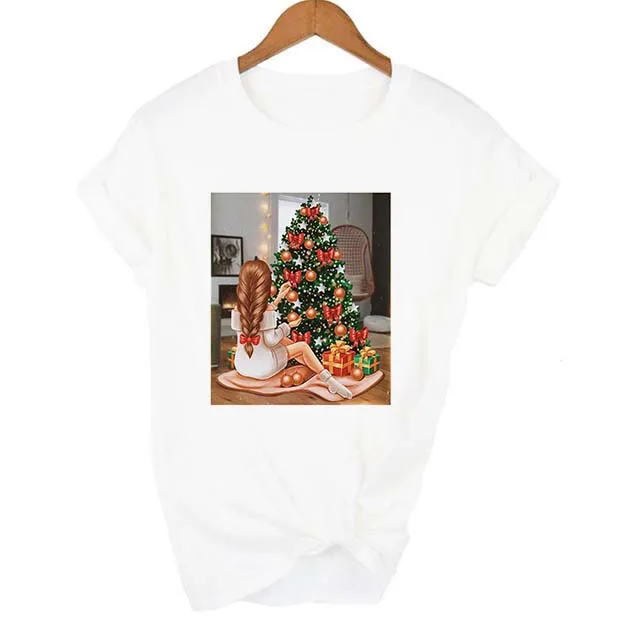 Уличная одежда Харадзюку с рождественским принтом для девочек, белая футболка для женщин с коротким рукавом и круглым вырезом, модный топ с рисунком Tumblr - Цвет: FU52-FSTWH-
