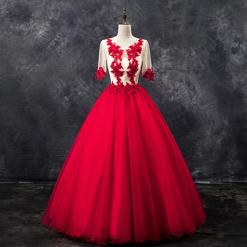 

New Arrival Long Ball Gowns Beaded Embroidery Red Quinceanera Dresses V Neck For 15 Years Vestidos De 15 Anos