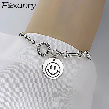 

Foxanry 925 Sterling Silver Smiley Face Bracelet for Women Vintage Creative Thai Silver English Letter Circle Card Party Jewelry