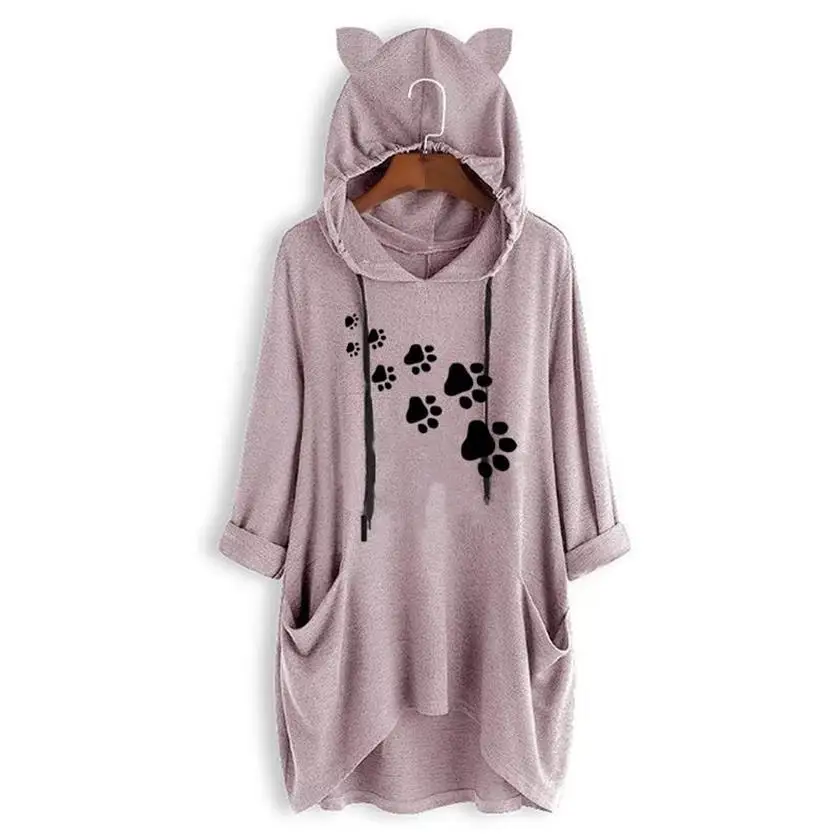 Mid Sleeve Hooded T-Shirt Cat Paw Letters Print T-Shirt For Women T-Shirt Women Harajuku Summer Tops Graphic Tees Women