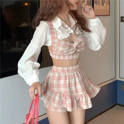 Japanese Lolita Style Korean Outfit Fashion Sexy Vacation Three-Piece Set Girl Elastic High Waist Mini Skirt Plaid Ruffles Shirt