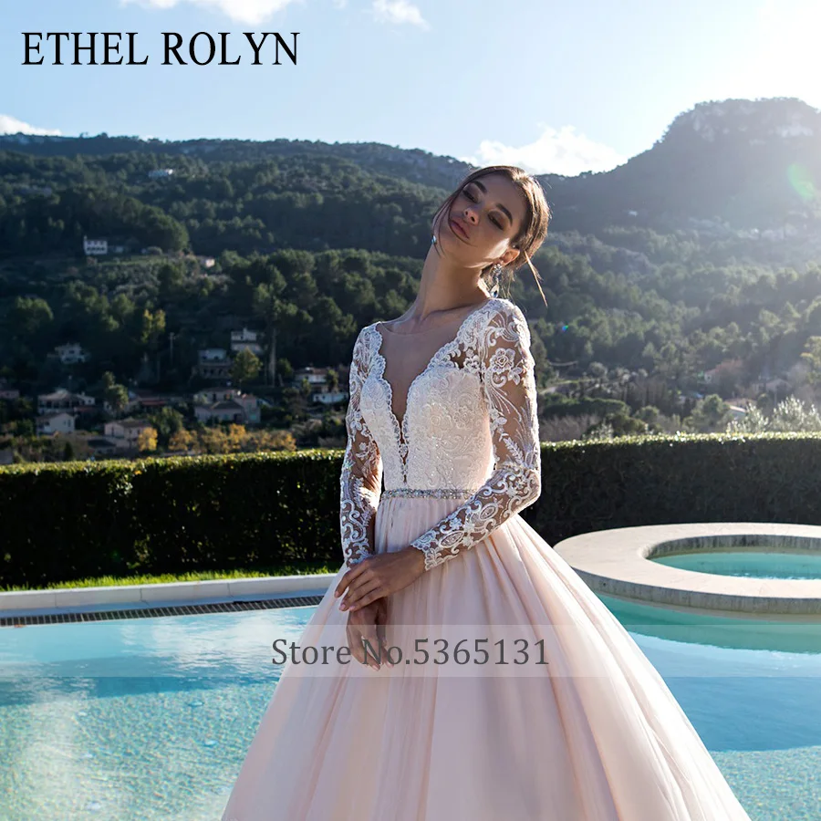 ETHEL ROLYN Sexy V-neckline Backless Romantic Princess Wedding Dress Long Sleeve Beaded Appliques Wedding Gowns Robe De Mariee
