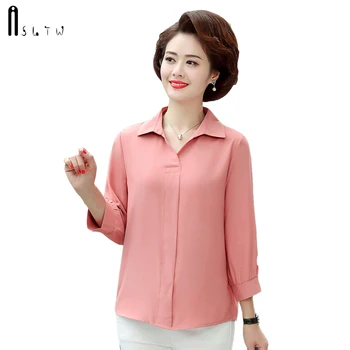 

ASLTW Summer Chiffon Blouse Women New Three Quarter Sleeve Pink Women's Shirt Plus Size Elegant Crop Top Thin Solid Woman Blouse