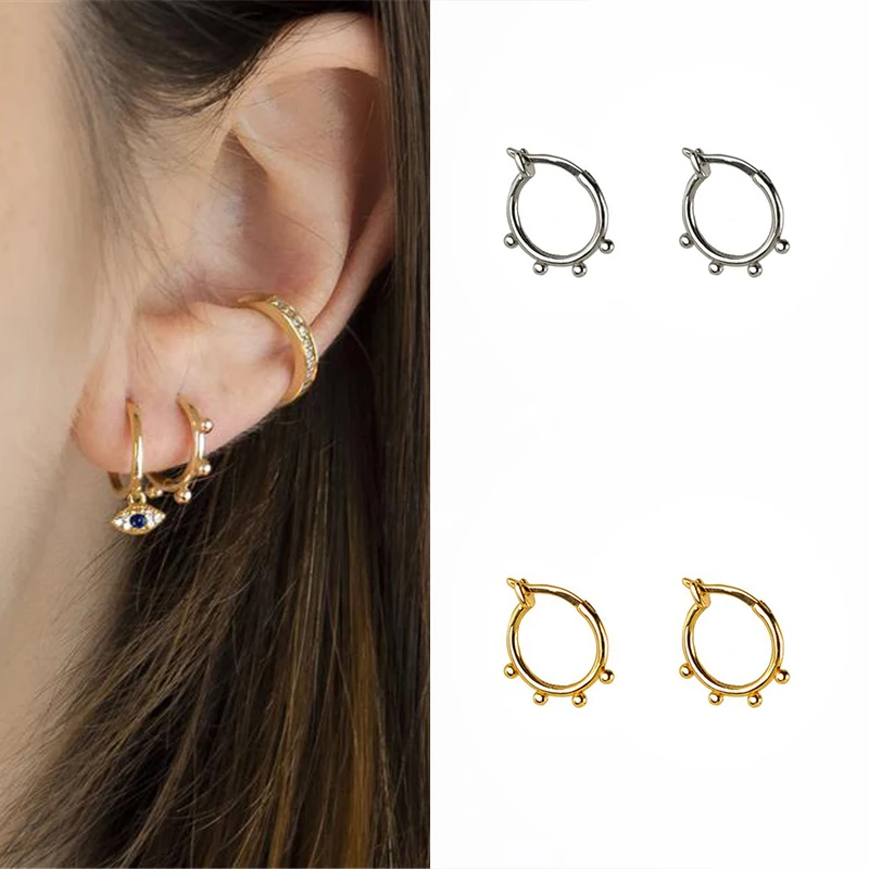 

S925 Sterling Silver Earrings Classic Simple Small Round Ball Female Earrings Cartilage Charm Hoop Earrings W3