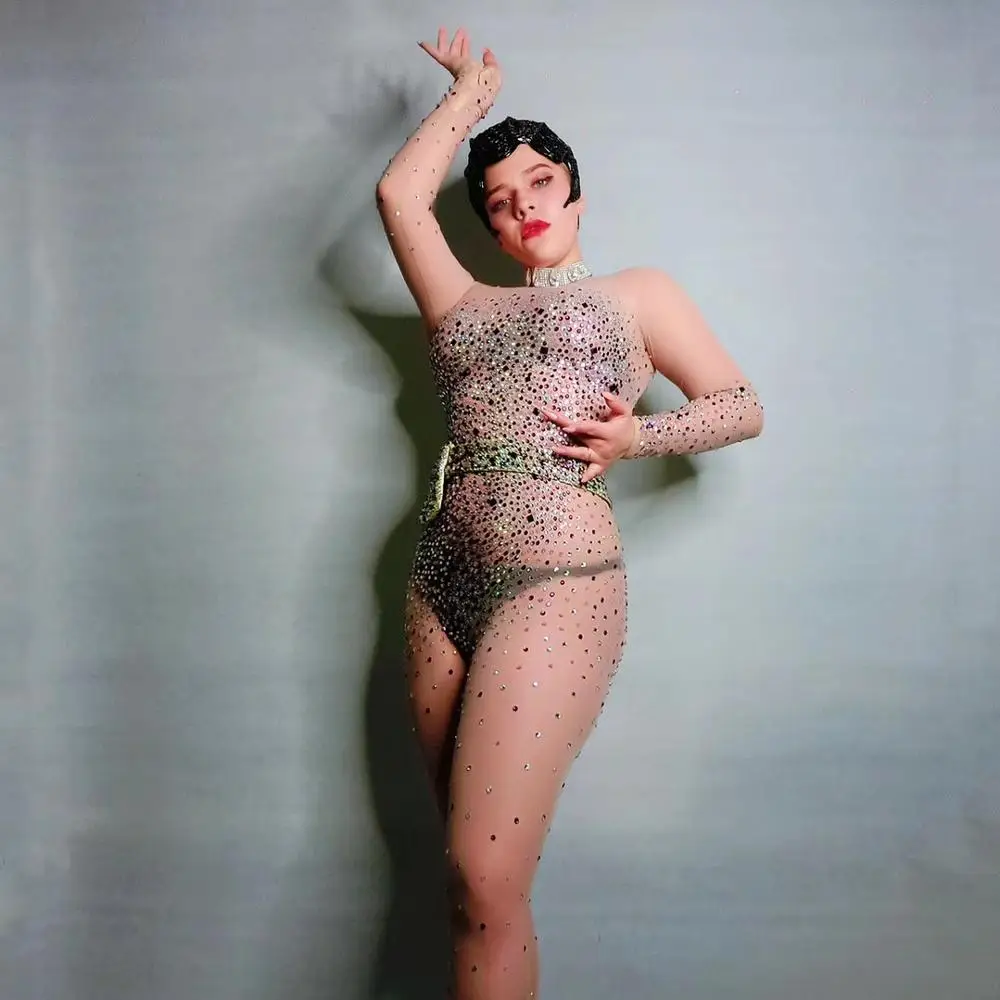 Jumpsuit Only Блестящий Комбинезон со стразами модный сексуальный телесный большой стрейчевый танцевальный костюм Цельный боди наряд на день рождения вечерние леггинсы - Цвет: Jumpsuit Only
