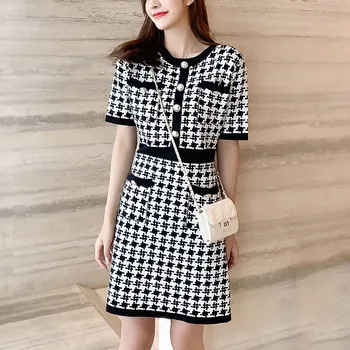 

2020 Korean Fashion Summer Dress Women Elegant Vintage Houndstooth Dresses Ladies Runway Jacquard Knitting Dress Robe Femme