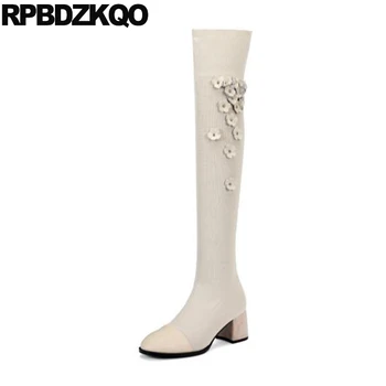

slim vintage new over the knee flower 10 knit beige big size square toe tall high chunky thigh boots for plus women shoes sexy