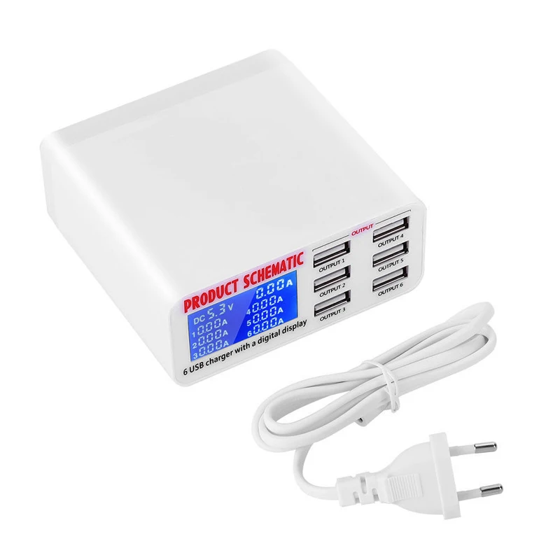 6 портов USB дорожное зарядное устройство ЖК-цифровой дисплей зарядная станция Смарт многопортовый usb зарядка 5 в 2A ЕС/США штекер - Тип штекера: Европейский Союз (ЕС)