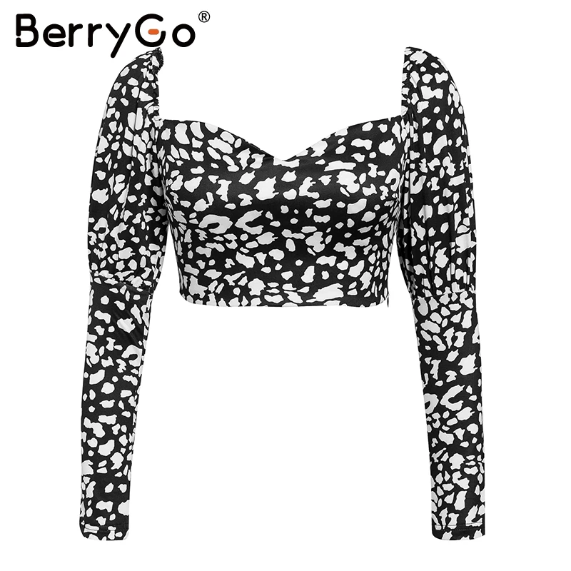 BerryGo, винтажный женский укороченный топ с леопардовым принтом, сексуальные модные вечерние женские майки и футболки, v-образный вырез, облегающий женский топ на осень и зиму - Цвет: Черный