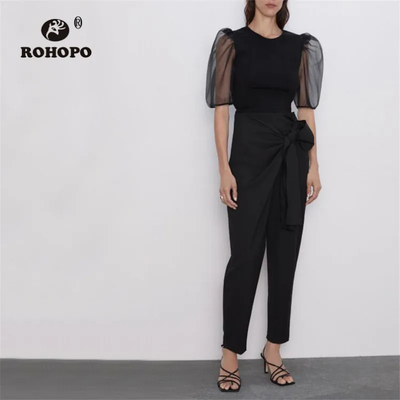 

ROHOPO Bow Belted Chic Woman Black Pencil Pant Asymmetric Design Ladies Autumn Casual Trousers #1434