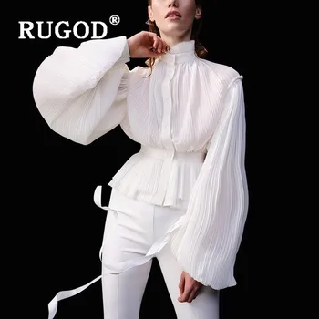 

RUGOD Spring Elegant Blouse Women Blouses Long Sleeve Pleated Top Korean Fashion Clothing Woman Shirt Stand Collar Collect Waist