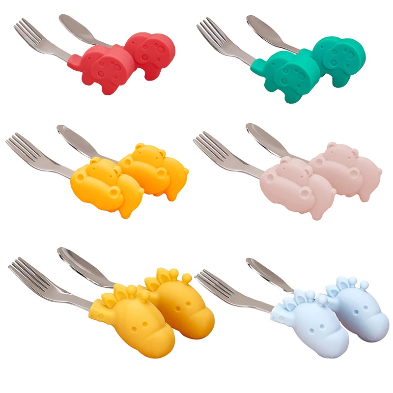 Baby Spoon Fork Gadgets Tableware Set Stainless Steel Toddler Children Utensil Dinnerware Cutlery Cartoon Infant Food Feeding