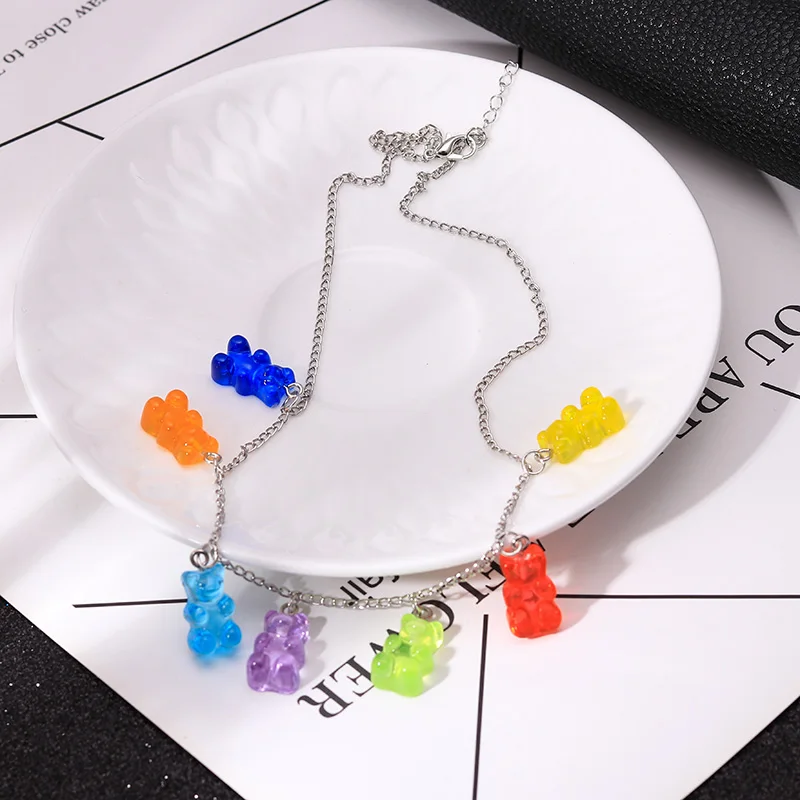 Модное разноцветное прозрачное ожерелье в виде медведя из смолы с рисунком из мультфильма для девочек, милые вечерние ювелирные изделия, подходящий подарок