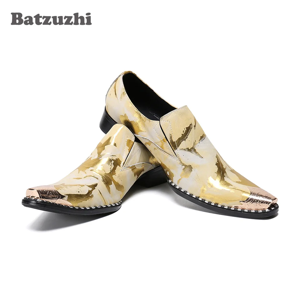 

Batzuzhi/роскошные кожаные модельные туфли золотистого цвета; Мужские туфли из натуральной кожи с острым металлическим носком; Мужские вечерние и свадебные туфли; Zapatos Hombre!
