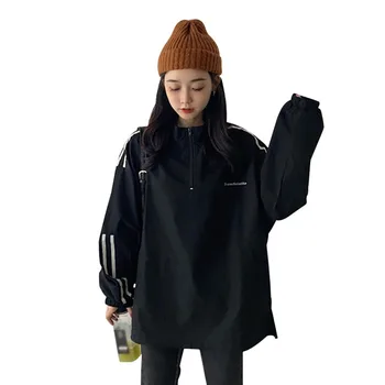 

Autumn Boyfriend Striped Print Sweatshirt Korean Style Loose Casual Black Stand Collar Long Sleeve Pullover For Women