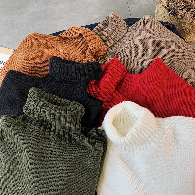 Tanie Zimowy gruby Sweter z wysokim kołnierzem mężczyźni ciepła moda jednokolorowe dzianinowe swetry człowiek dziki luźny Sweter mężczyzn Sweter ubrania M 2XL