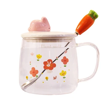 

420ml Glass Coffee Milk Cups With Cute 3D Rabbit Model Lid Carrot Spoon Transparent Glass Cup Office Tea Mug Handle Drinkware