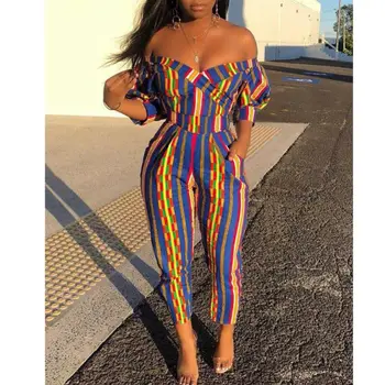 

Women Deep V Neck Off Shoulder Strapless Slim Bodycon Jumpsuit Romper Clubwear Colorful Striped Retro Jumpsuits Trousers