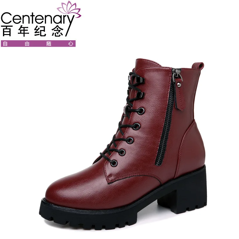 

Centennial WOMEN'S Shoes Split Cowhide round-Toe Chunky Heel Fashion Boots Side Zipper Solid Color plus Velvet Warm Boots 2087