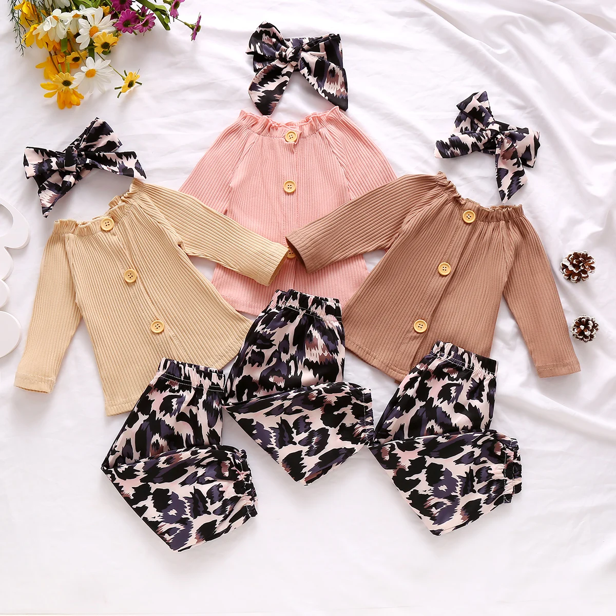 3Pcs Baby Girl Casual Suit Solid Color Boat Neck Long Sleeve Ribbing Buttoned Top Leopard Loose Trousers Bow Headband | Детская одежда