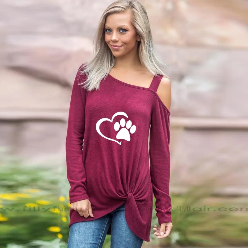 

New Arrival Twisted Long Sleeve T-Shirt For Women Dog Paw Print T Shirt Tops 2019 Autumn Fashion Vintage Cotton Tee Shirt Female