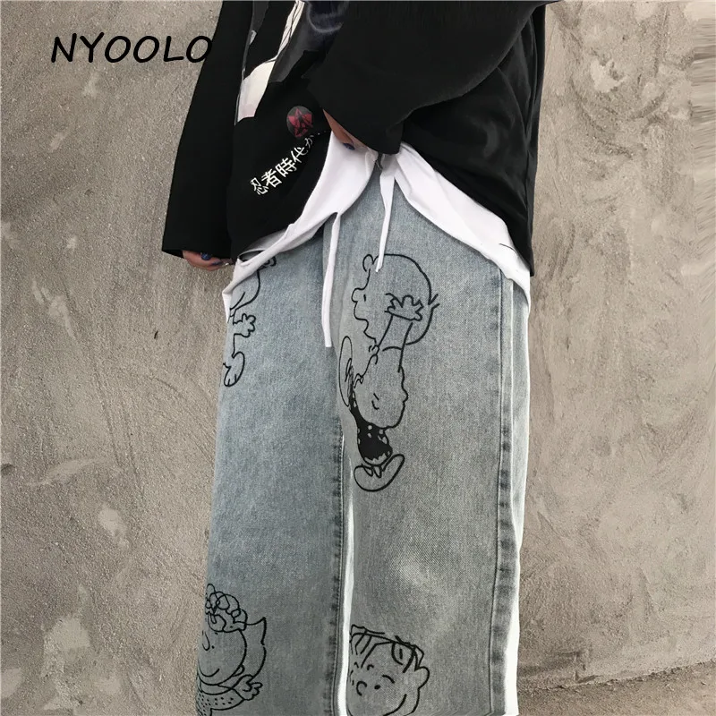 NYOOLO Harajuku уличная мультфильм граффити печати вымытые джинсы осень Винтаж свободная полная длина широкие женские джинсовые брюки для мужчин