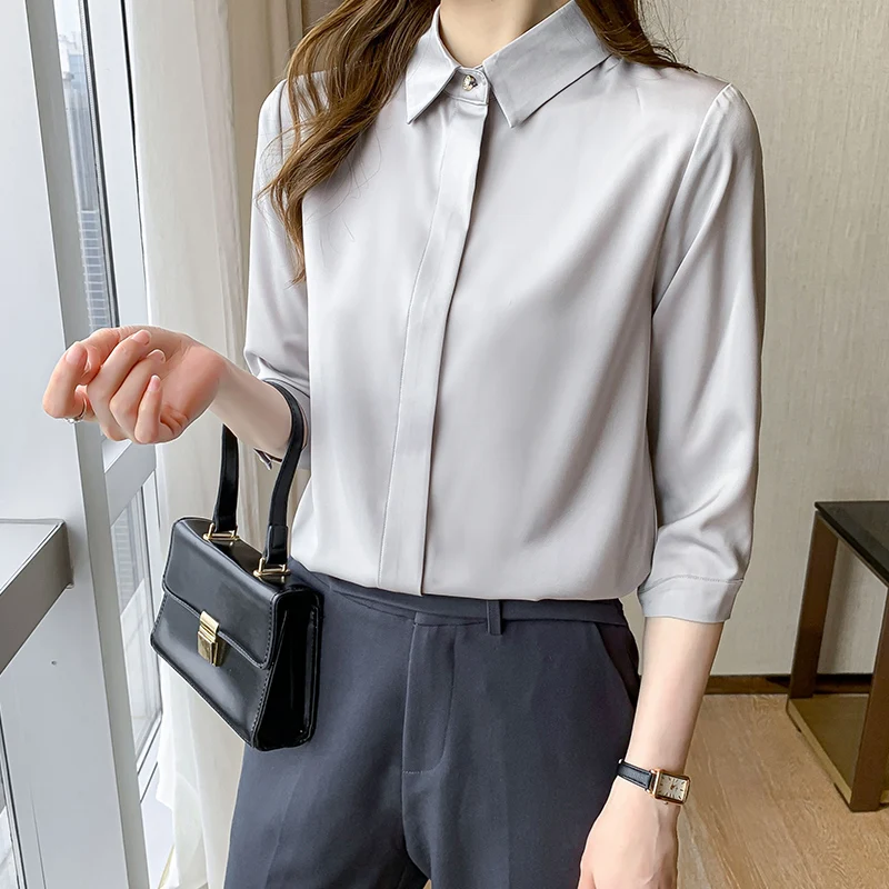 2022 Autumn Satin Women's Shirts Fashion Silk Button Solid OL Elegant Ladies Tops Long Sleeve Blouse Basic Women Shirts Blouses