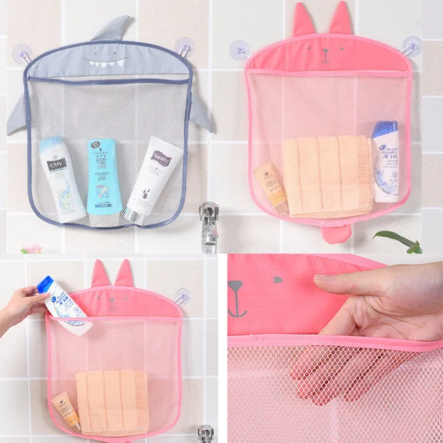 Cartoon Baby bathroom mesh bag Sucker Design for bath toys bag kids animal shapes cloth sand toys storage Blue Pink Net Bag 3