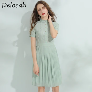 

Delocah Summer Women Fashion Designer Pleated Dress Short Sleeve Simplee Button Lace Folds Solid Printed Mini Dresses vestidos