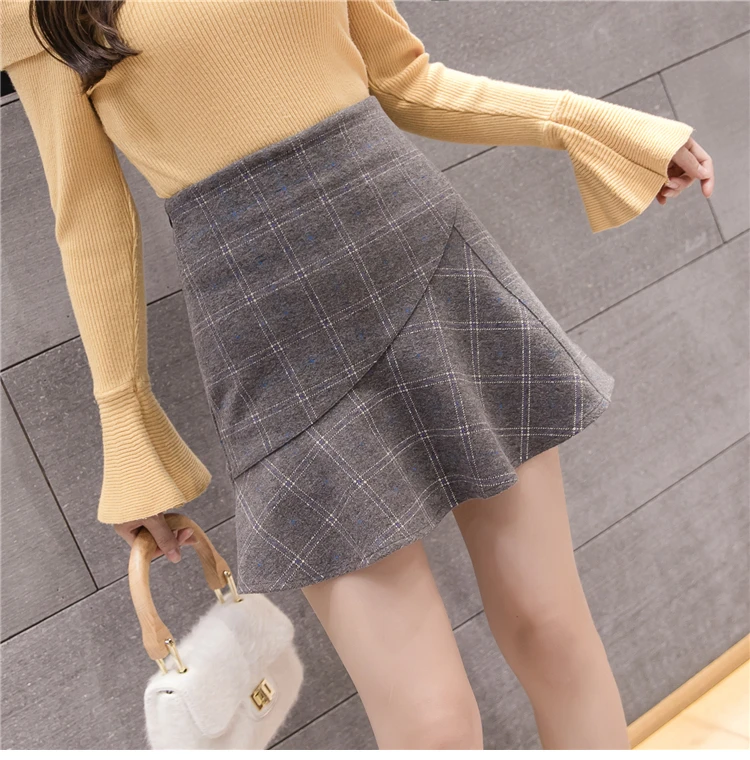 Шерстяные юбки новая Корейская Высокая талия клетчатая короткая юбка женская элегантная мини юбка с оборками осенне-зимняя женская шерстяная юбка