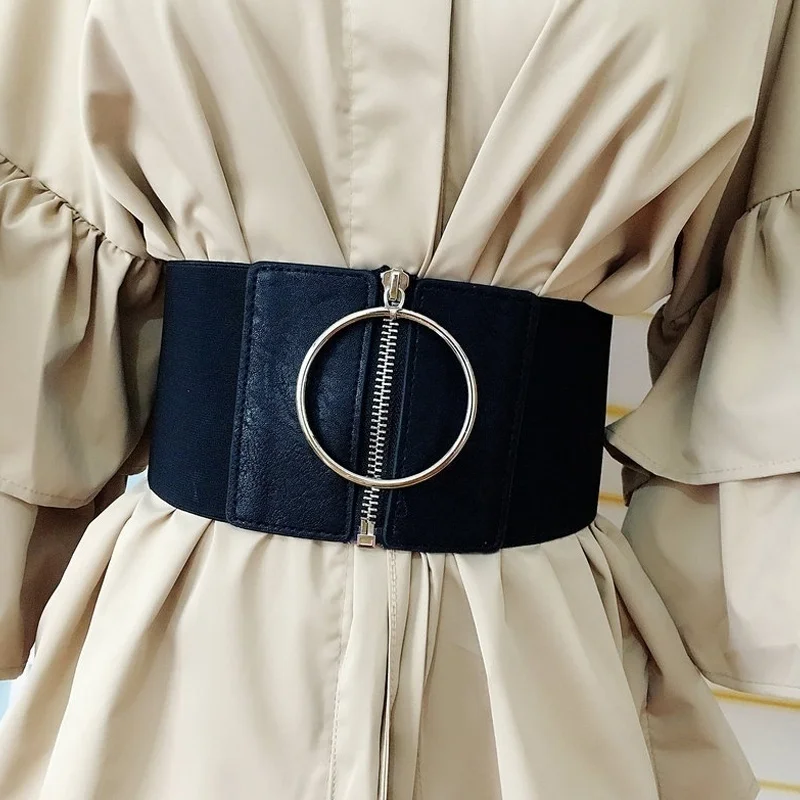 Для женщин ультра широкий пояс для платья дамы эластичные ремни женский большой металлический круг кольцо черный пояс