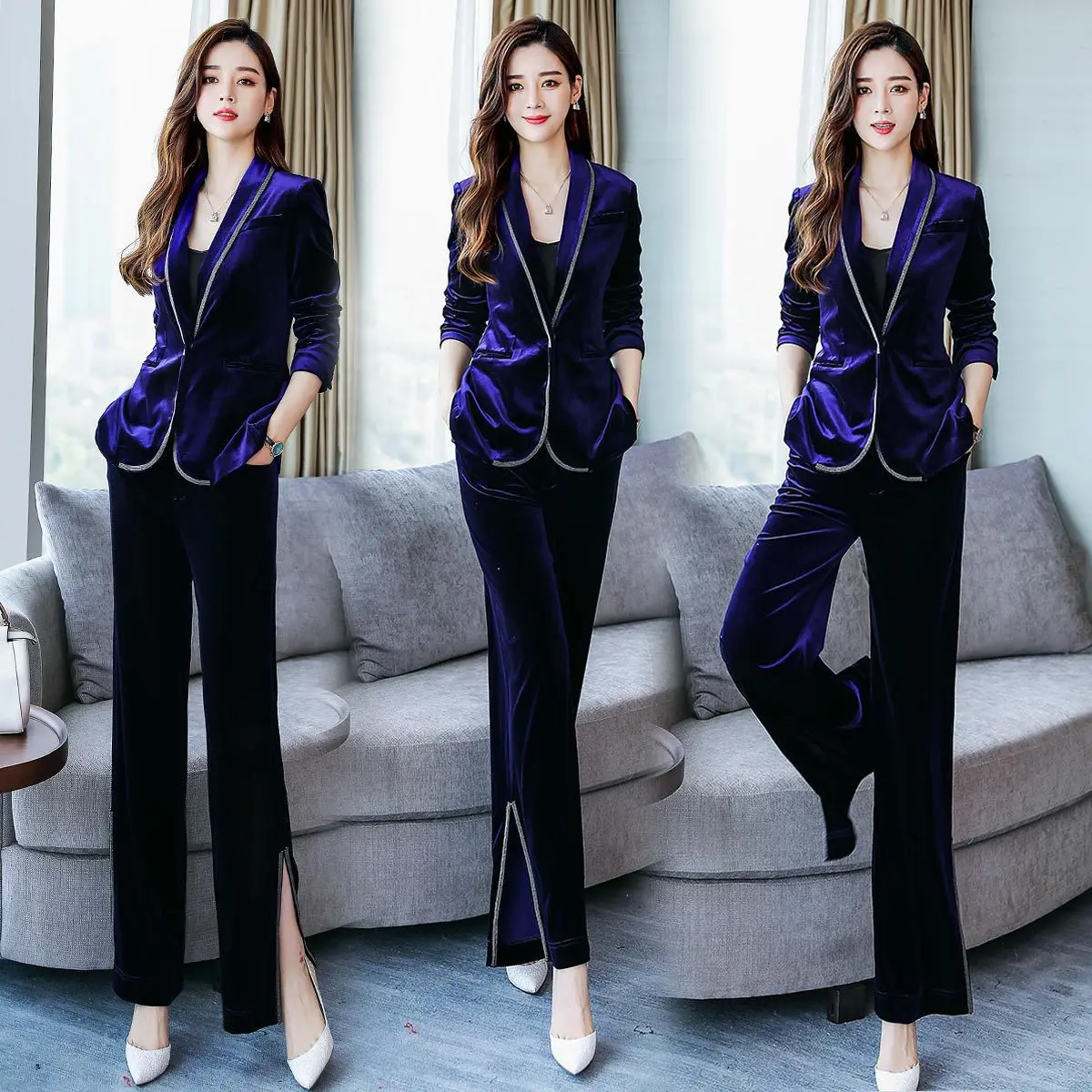

Gold Velvet Set 2019 Autumn New Style Suit Two-Piece Set Waist Hugging Slim Fit Versatile Velvet Small Suit Coat Women's