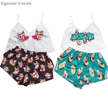 

Sexy Pajamas Fox fruit Cartoon Print Lovely Sleepwear Summer V Neck Women Spaghetti Strap Loose Pyjama Satin Femme Home Suit