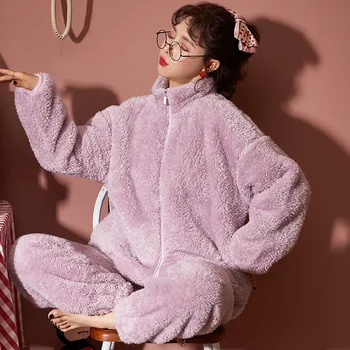 

Home service suit 2020 autumn winter new solid color thick cardigan trousers warm pajamas 2PCS comfortable women bathrobe