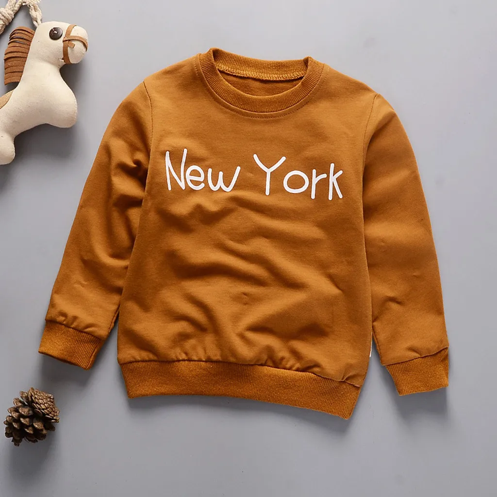 Платье с длинными рукавами для девочек, Осенний хлопковый корейский пуловер свитер буквы Нью-Йорк, с длинным рукавом Толстовка пуловер Топы футболка 40