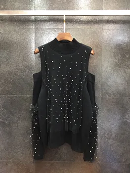 

2019 Autumn & Winter New Fashion High Collar Handmade Beaded Off-the-shoulder Mesh Wool Sweater