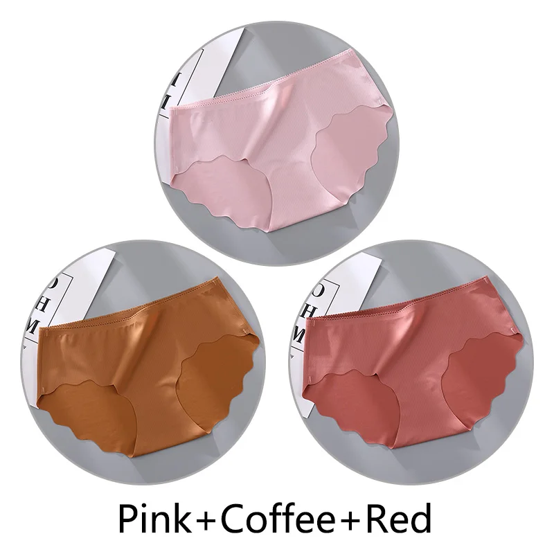 Pink Coffee Red 3 шт сплошной цвет мягкие трусики бесшовные женские сексуальные оборки женские дышащие трусы натуральный шелк антибактериальные промежность нижнее белье на Клее - Цвет: Pink Coffee Red