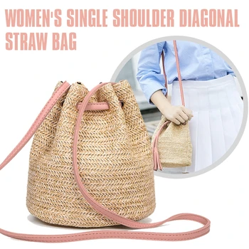 

Summer Straw Bucket Bag Weave Purse Handbag Fringe Bohemian Bag Pouch pink