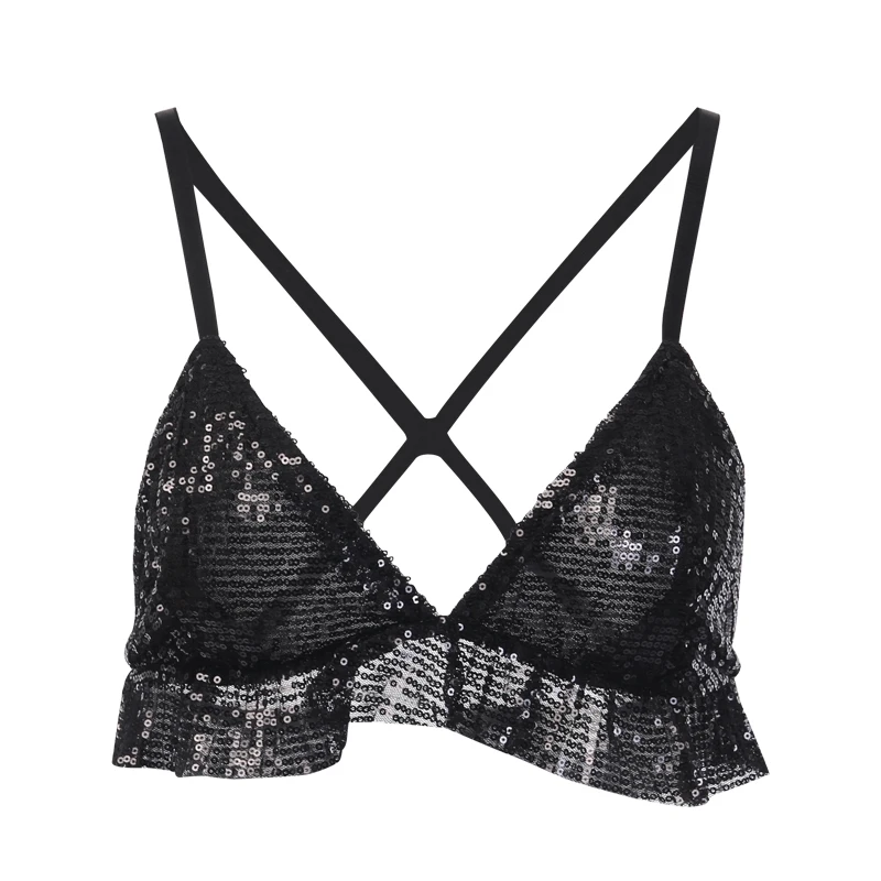 Women Sling Bralette Bra Sequin Crop Top Sexy Shiny Camisole sleeveless top women Ruffle Push Up Camis Women Clothing
