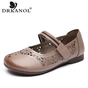 

DRKANOL 2020 Fashion Summer Shoes Women Loafers Genuine Leather Flat Shoes Women Ethnic Style Shallow Breathable Casual Shoes