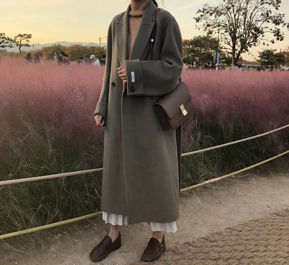 Women Winter Green Super Long Wool Overcoat Elegant Double-sided Woolen Coat Jacket with Waist Belt Brief Loose Outwear