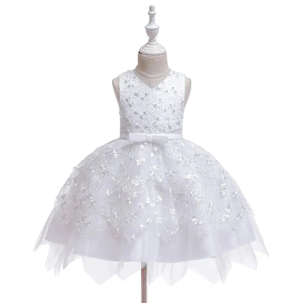 Детские платья принцессы для девочек; Кружевное платье-пачка с цветами; вышитый мяч; Одежда для маленьких девочек; детское платье для свадебной вечеринки - Цвет: Белый