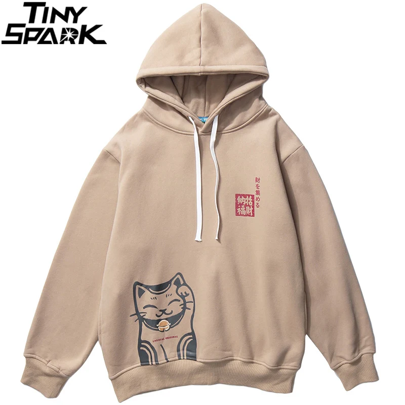 Hoodie Sweatshirt Mens Harajuku Cotton Pullover Fortune Winter Fleece Cat Hip-Hop Lucky