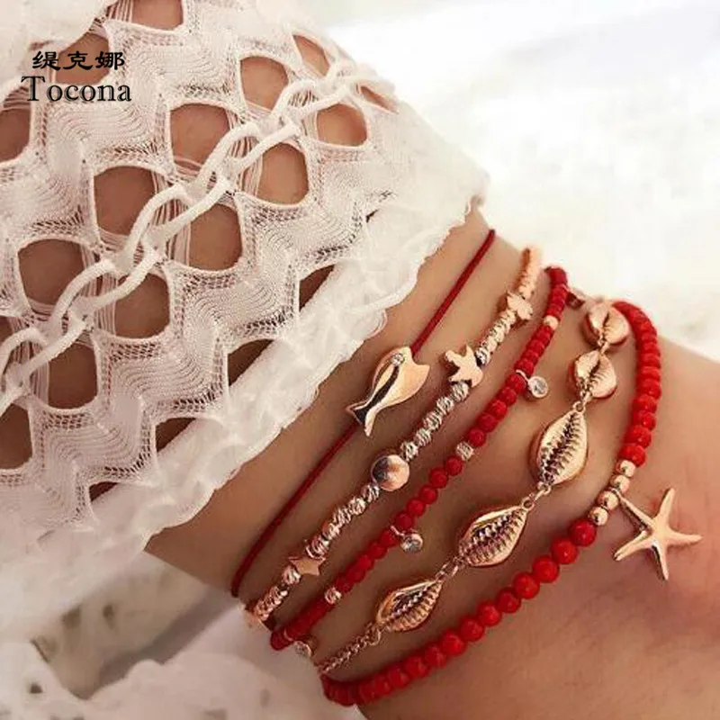 Tocona 5pcs/sets Sea Starfish Shell Anklets for Women Summer Fish Red Rope Barefoot Sandals Fish Bead Bohemian Jewelry 8801 Tocona 5pcs/sets Sea Starfish Shell Anklets for Women Summer Fish Red Rope Barefoot Sandals Fish Bead Bohemian Jewelry 8801